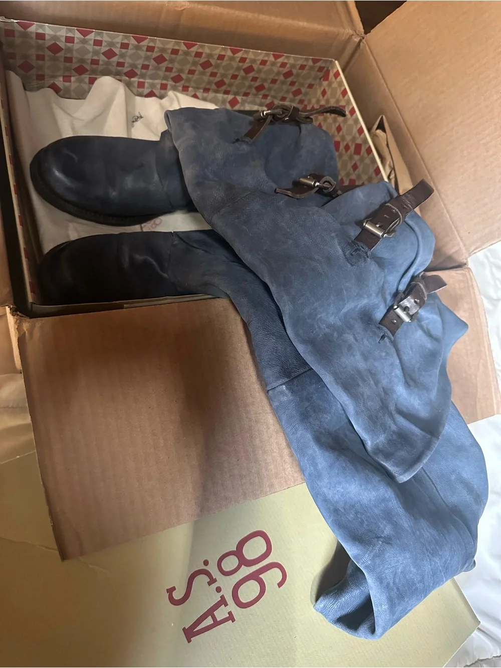 A.S.98 Blue Over-the-Knee Slouch Boots with Brown Buckle Straps - Picture 3 of 4
